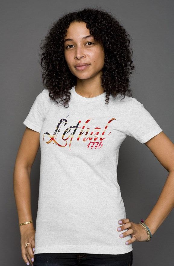 Women's Heather Tee w/ distressed flag alternate Lethal logo background