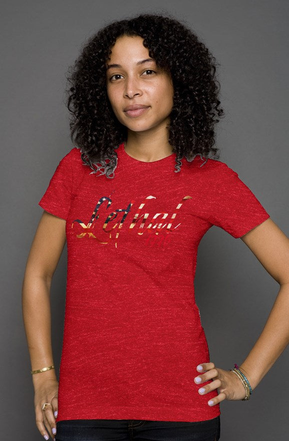 Women's Heather Tee w/ distressed flag alternate Lethal logo background (Red)
