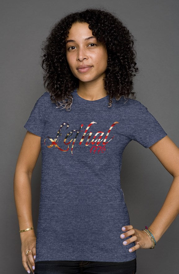 Women's Heather Tee w/ distressed flag alternate Lethal logo background (Navy)