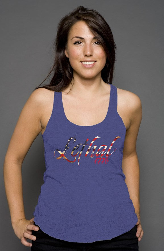 Racerback Tank w/ distressed flag alternate Lethal logo background (Navy Triblend)