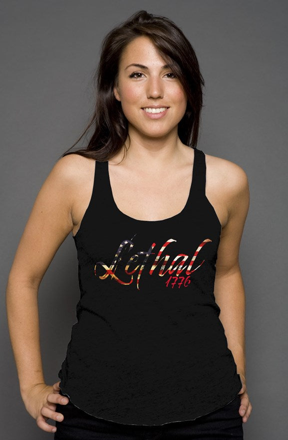 Racerback Tank w/ distressed flag alternate Lethal logo background (Black Triblend)